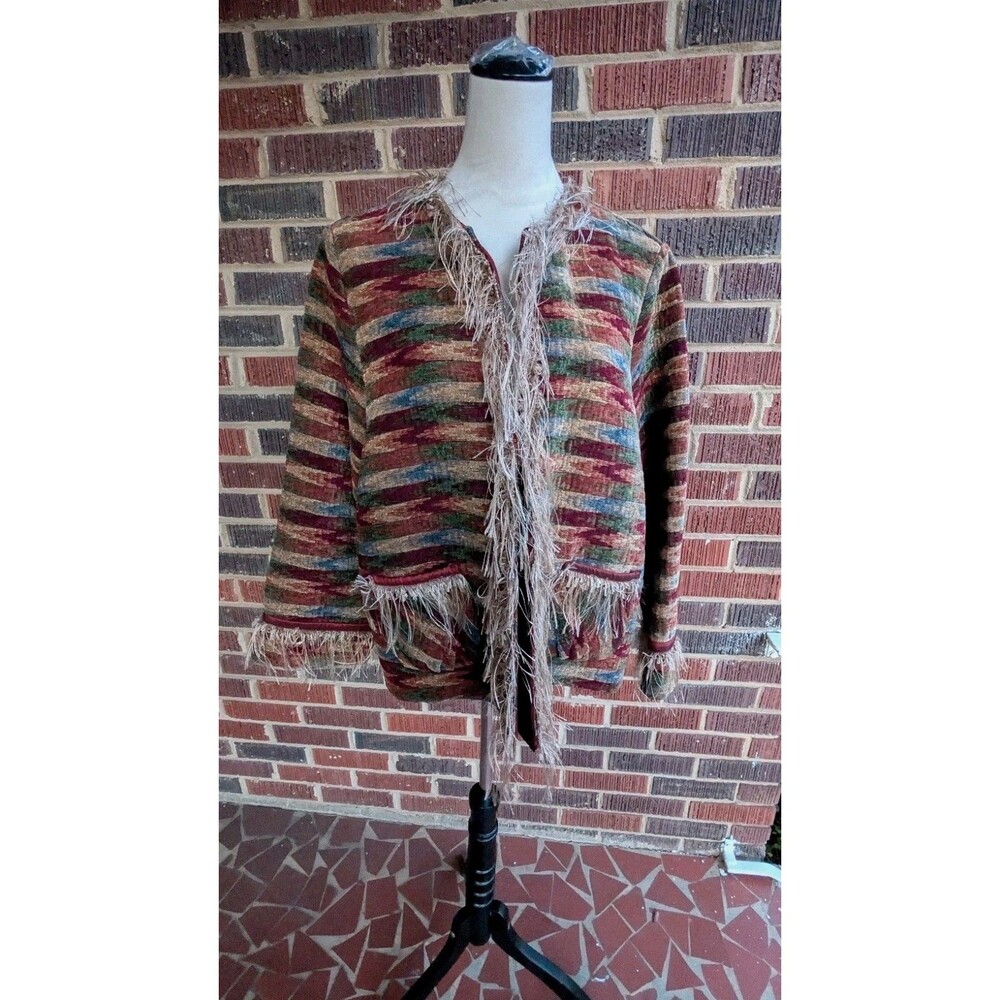 VTG I.C Collection by Connie Tapestry Open Front Jacket w/ Fringe-Made In USA-XL
